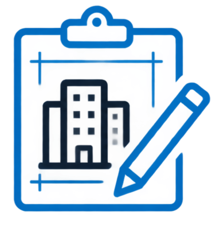 A clipboard with a building plan or blueprint and a pen.
