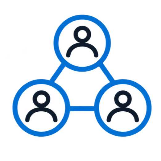 Icon illustration of a social network with three interconnected user profiles.