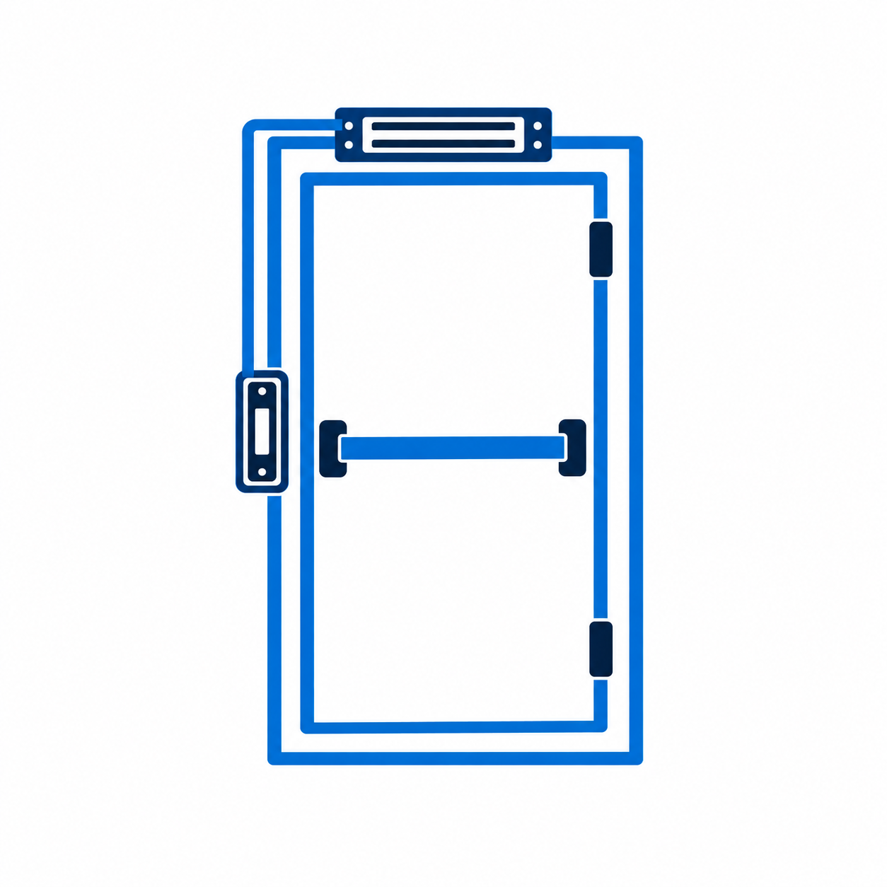 Line drawing of a hospital or emergency exit door with a push bar, sensors, and an electronic access panel.