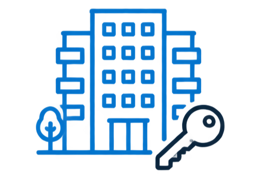Line drawing of an apartment building with multiple windows, a small tree, and a key.