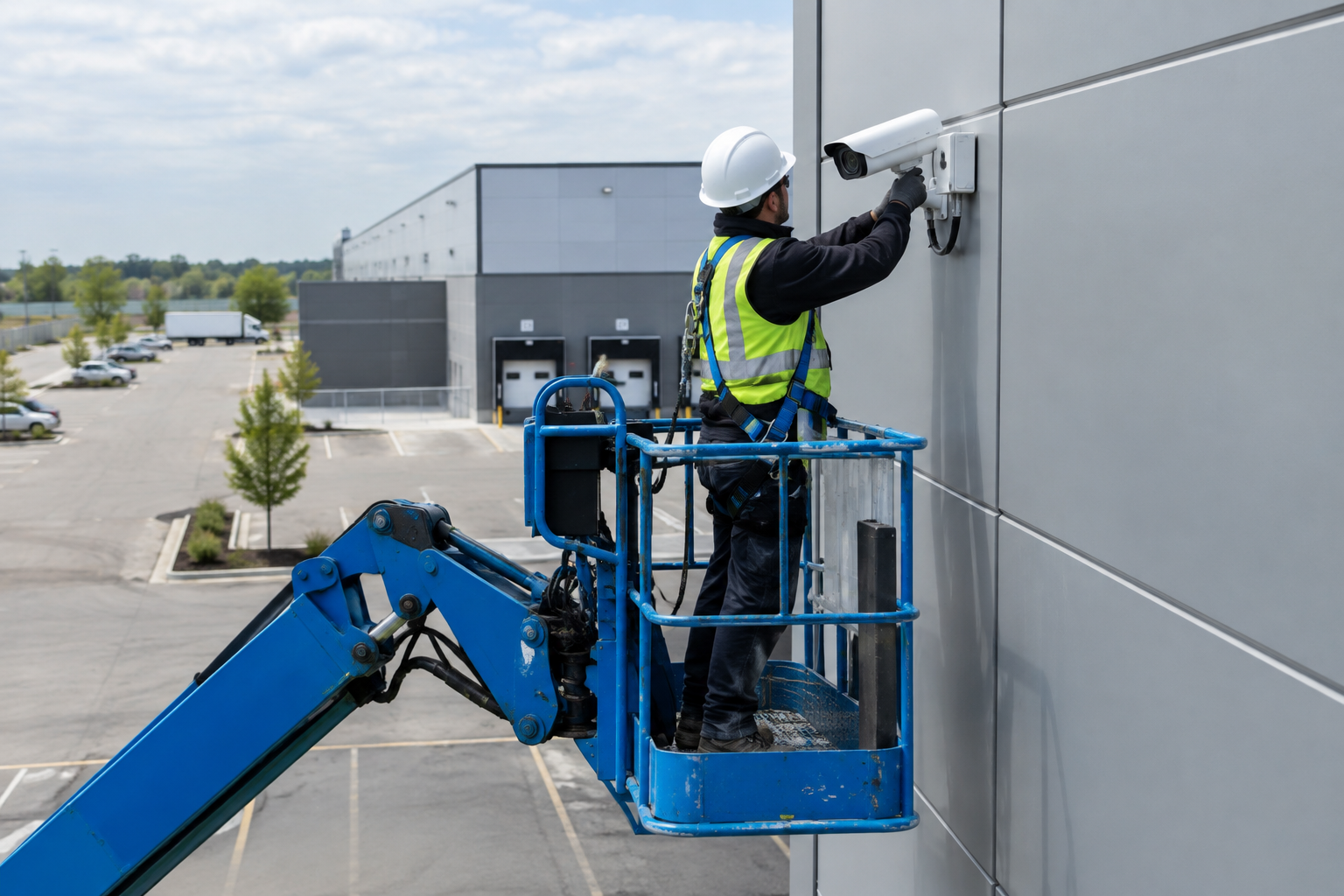 Technician installing exterior video-surveillance equipment for expanded perimeter and site coverage.