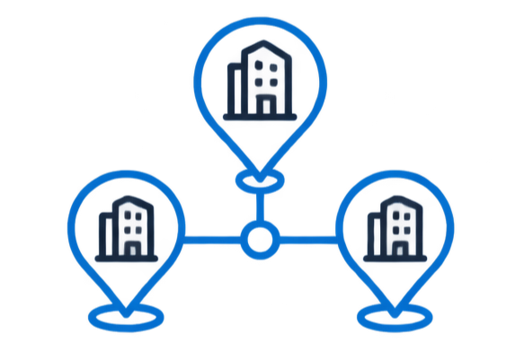 A digital graphic showing three interconnected location pins with cityscape icons inside them.