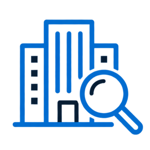 Blue icon of a building with a magnifying glass in front of it.