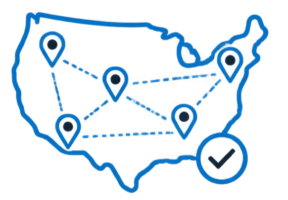 Map of the United States with multiple location markers connected by lines, and a checkmark icon.