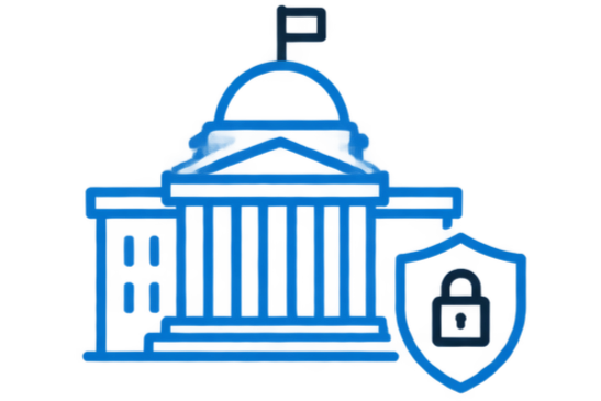 Icon of a government building with a shield and lock, representing security or protection.