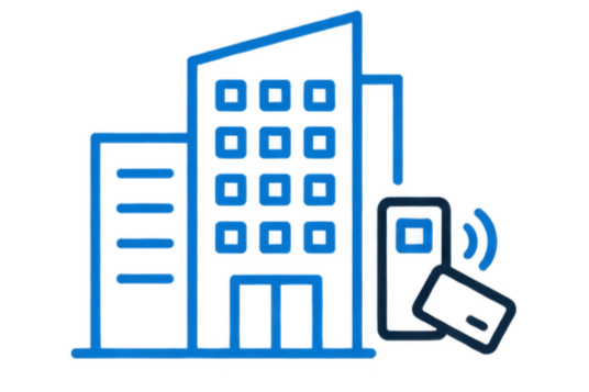 Outline illustration of a tall building with a mobile phone and a contactless card nearby.