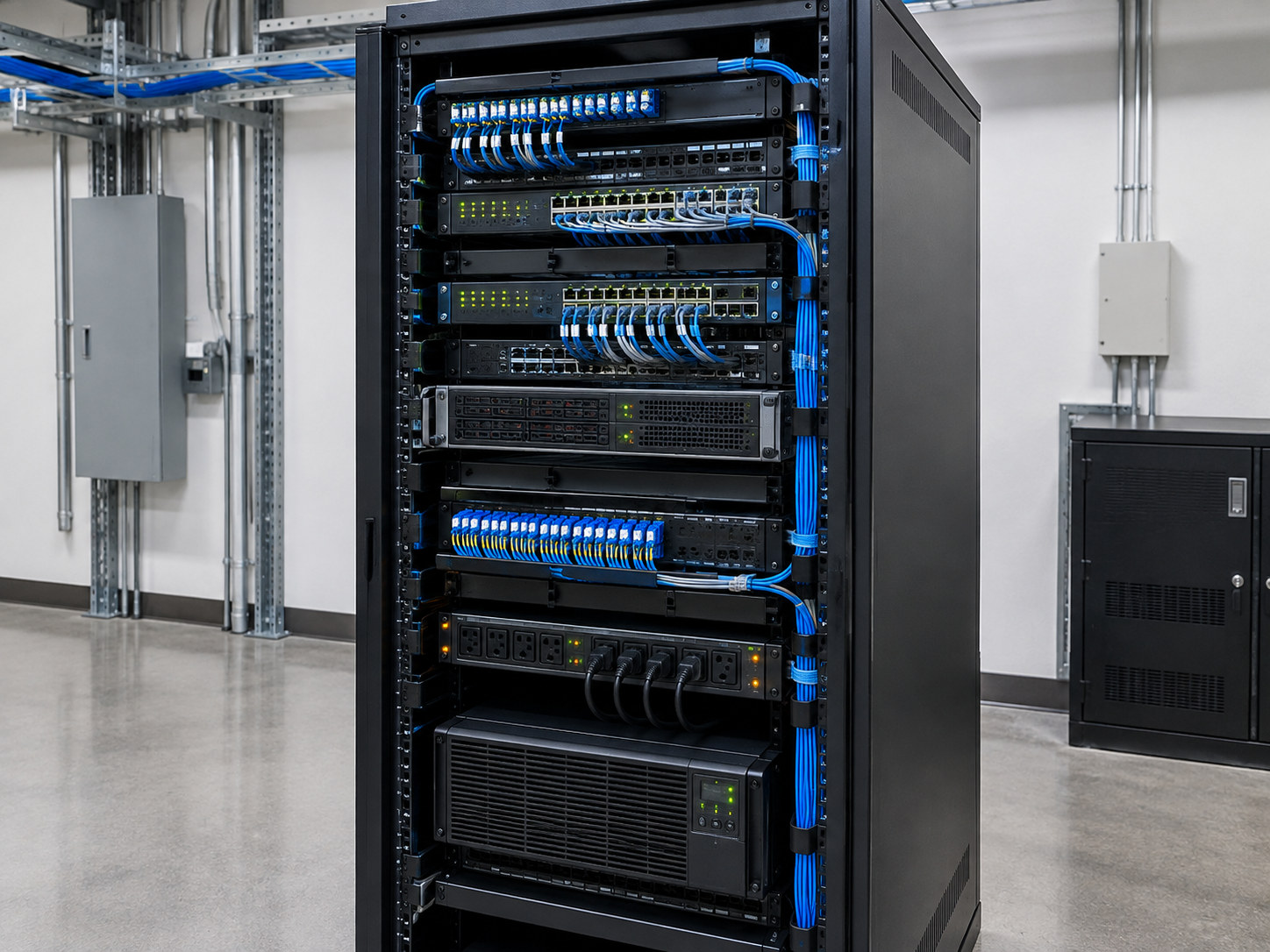 Managed network rack with industrial switching, server equipment, fiber connections, and structured cabling.