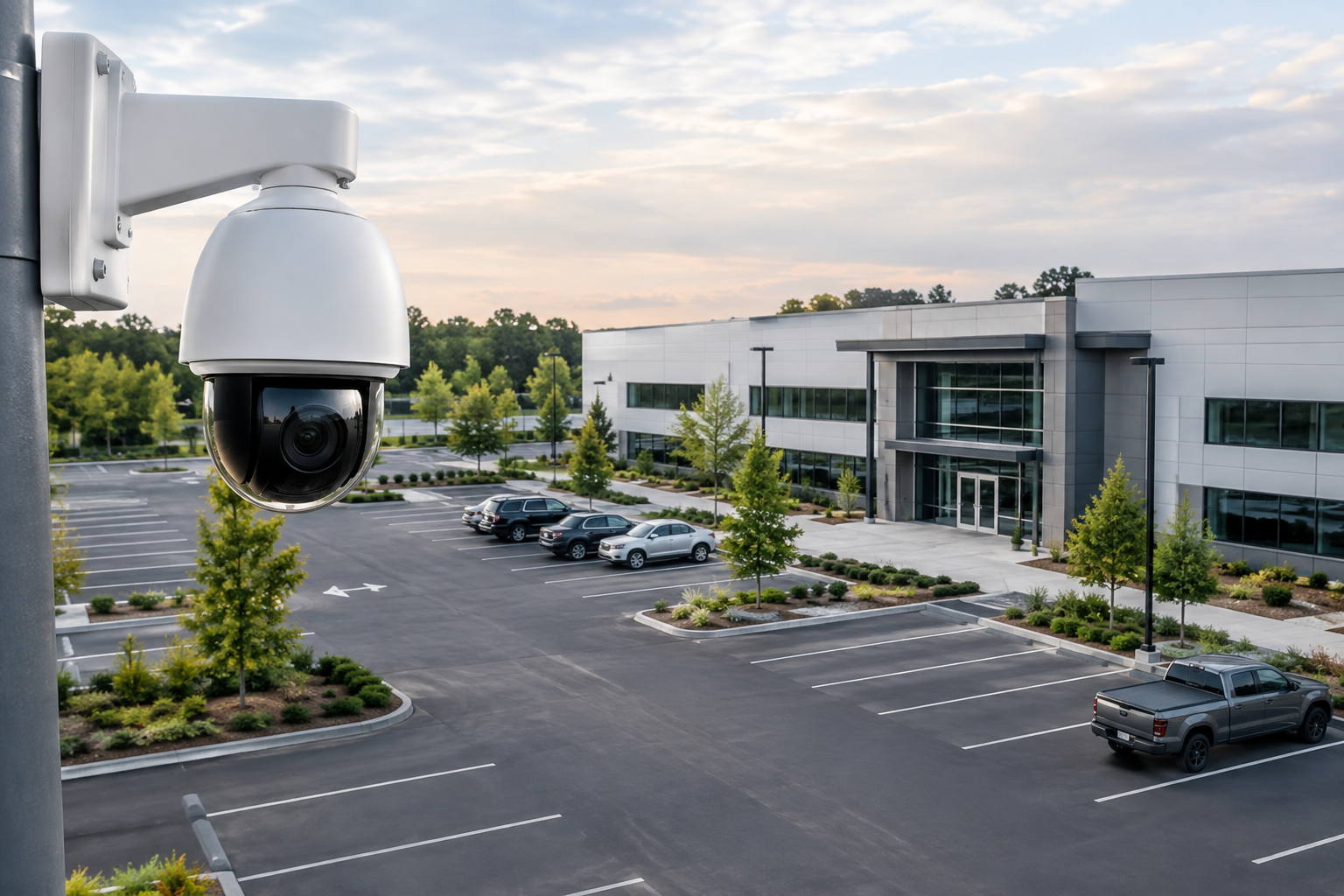 Outdoor PTZ camera coverage for improved visibility across a commercial facility parking area.