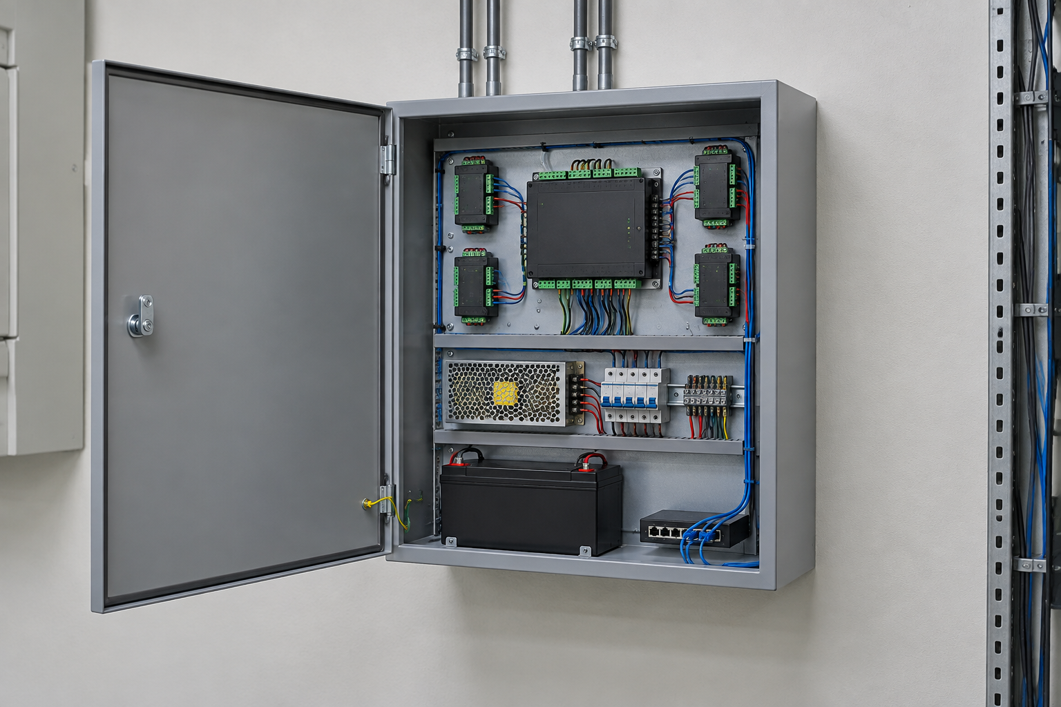 Organized access-control panel installation supporting controlled entry across multiple doors.