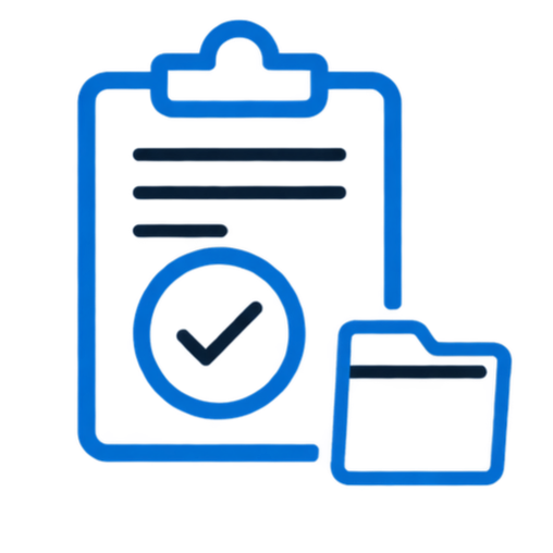 Blue icon of a clipboard with a checkmark and a folder.