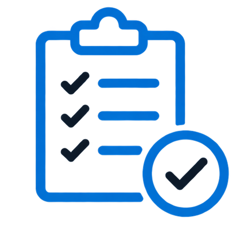 Blue clipboard with checkmarks and a large checkmark icon.