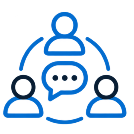 Illustration of three people with a chat bubble in the center, representing a group conversation or discussion.
