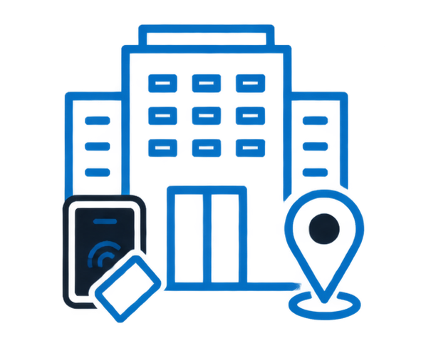 Illustration of a hotel building with a mobile phone and a location pin marker, representing hotel booking or navigation.