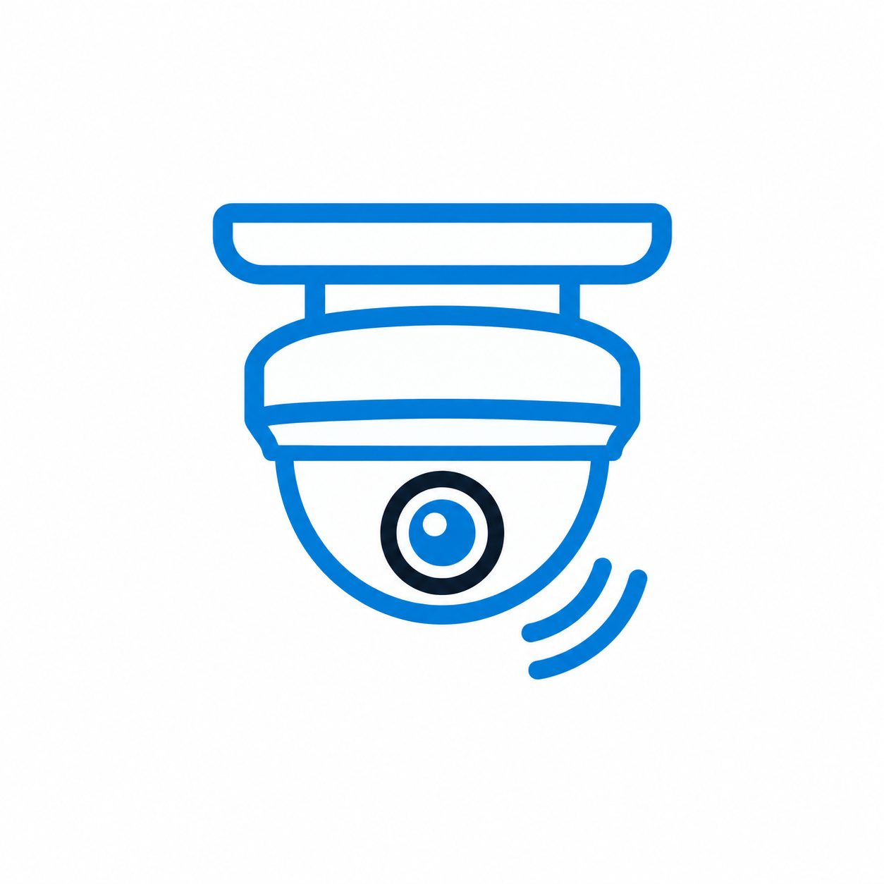 Blue outline of a surveillance camera with waves indicating sound or motion detection, on a white background.