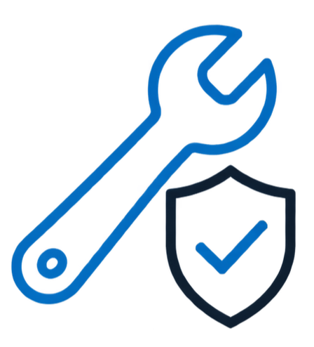Blue icon of a wrench and shield with a checkmark, representing security or tool safety.