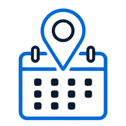 Icon of a calendar with a location pin on top, representing scheduling or location planning.