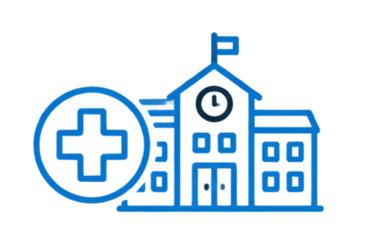 Line drawing of a hospital building with a clock on the front, a flag on top, and a medical cross symbol nearby.