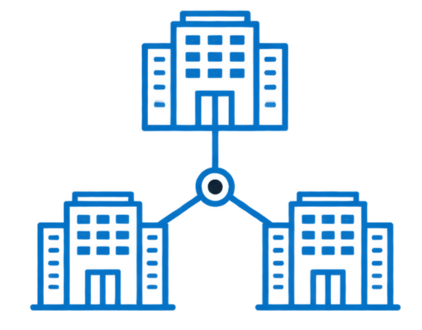 Illustration of three connected buildings, representing a network or system.