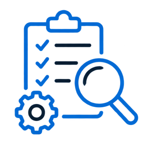 Icon of a clipboard with checkmarks, a magnifying glass, and a gear, symbolizing analysis or review process.