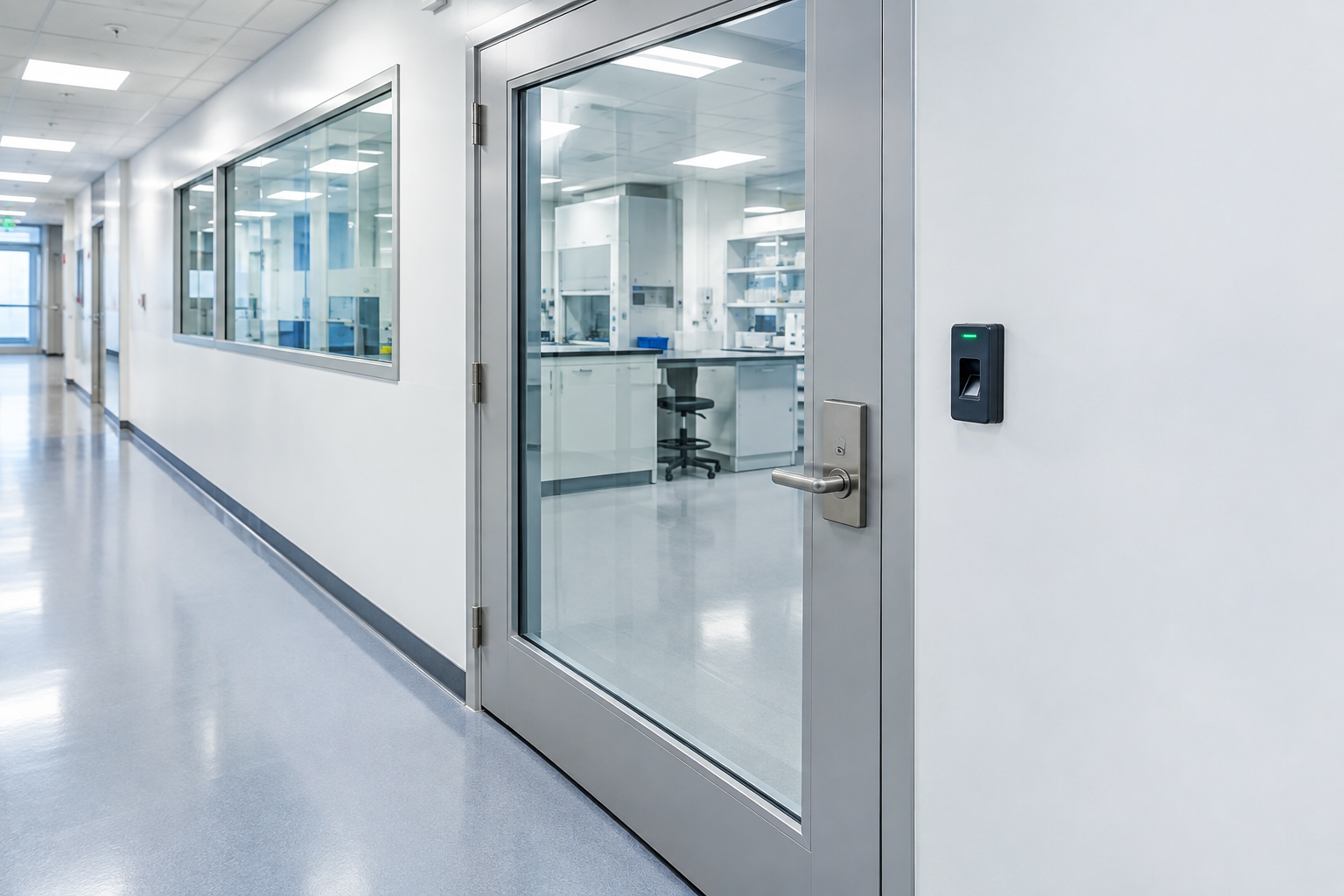 Secure laboratory-door access using biometric credential verification and electrified locking hardware.