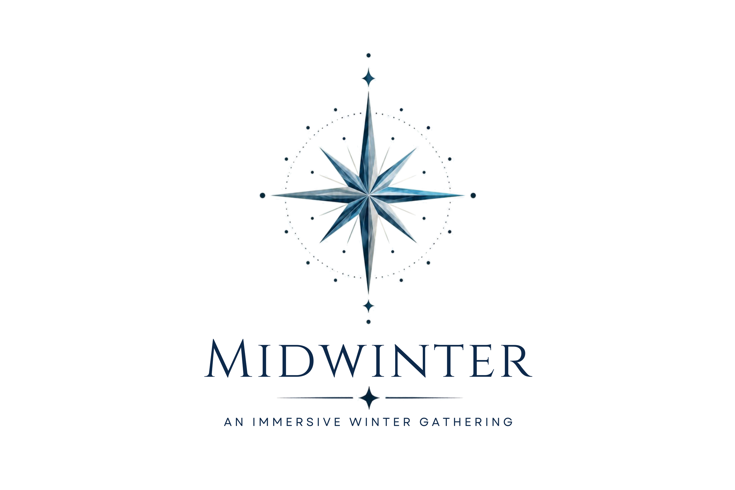 A stylized compass rose in shades of blue with the word 'Midwinter' beneath it, and the phrase 'An immersive winter gathering' below that.