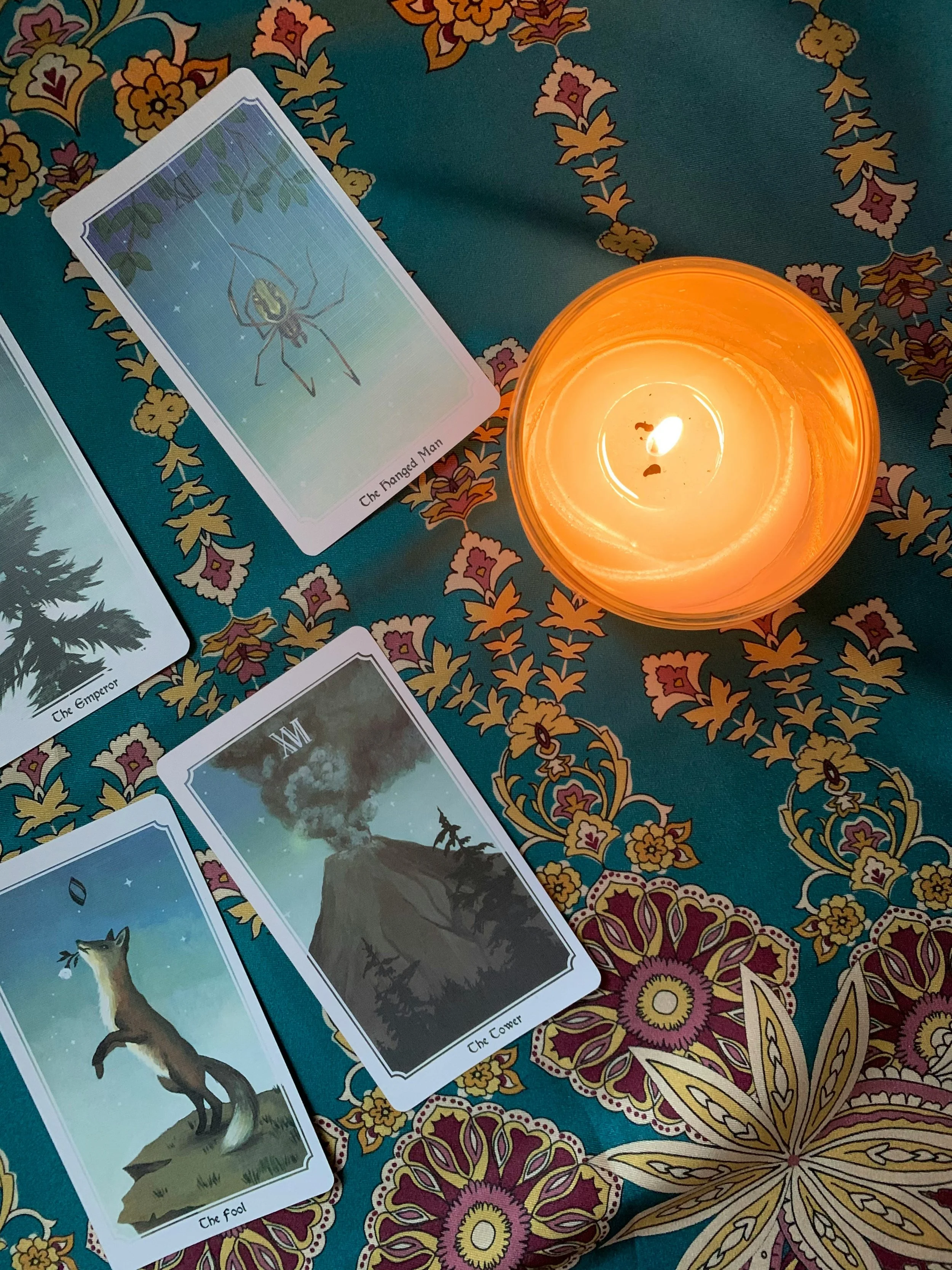 Tarot cards placed on a tablecloth with floral and paisley patterns. One card shows a spider and is labeled 'The Hanged Man,' another shows a howling wolf labeled 'The Fool,' and a third card depicts a mountain landscape labeled 'The Tower.' There is a lit orange candle nearby.