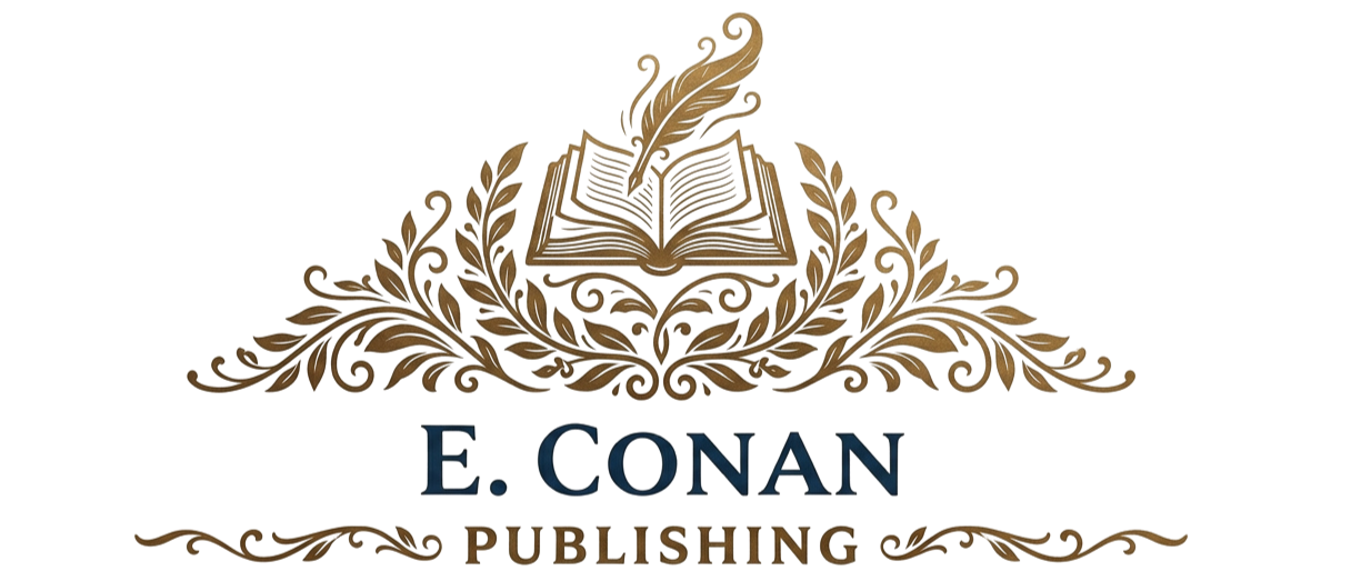 A detailed logo featuring an open book with a quill above it, surrounded by decorative laurel branches, with the text 'E. CONAN PUBLISHING' at the bottom.