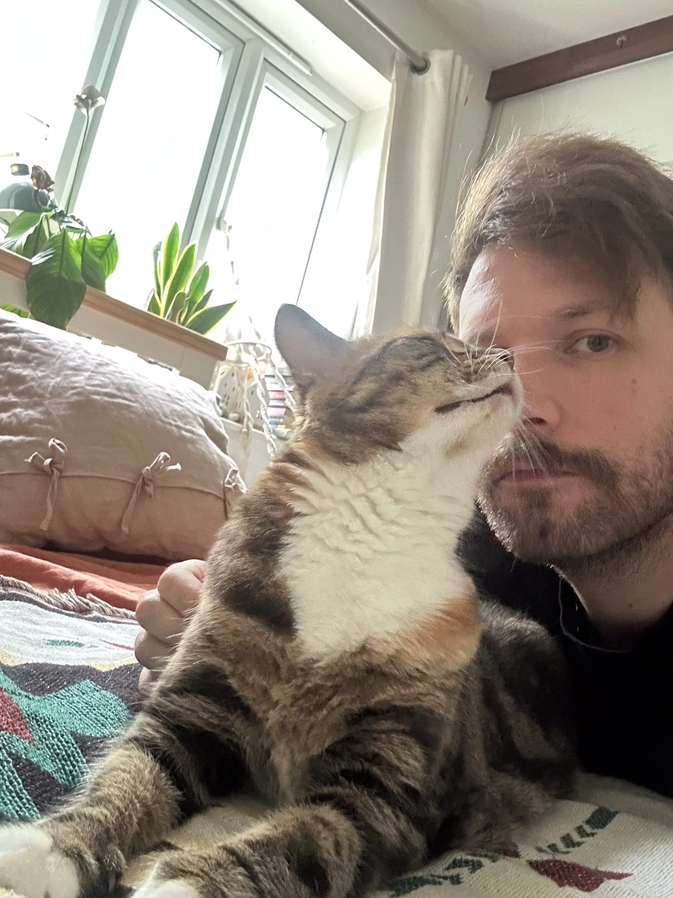 A man with light brown hair and a beard holding a grumpy-looking tabby cat with closed eyes on his shoulder in a cozy room with a window, potted plants, and various items on a table.
