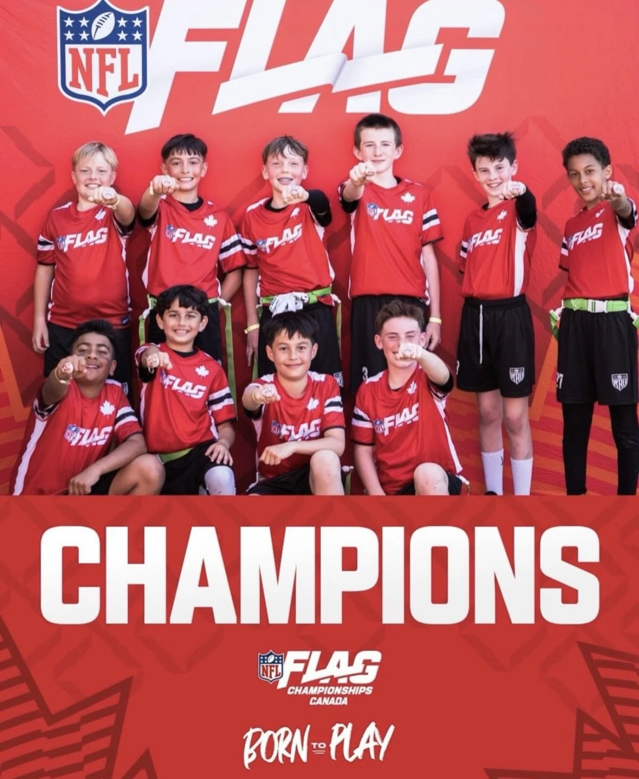 WRU youth team in red jerseys celebrating at the NFL FLAG Championships Canada