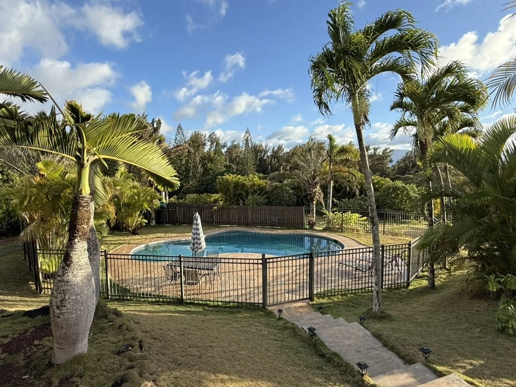 Residential backyard with a fenced circular swimming pool surrounded by palm trees and lush greenery, under a partly cloudy sky.