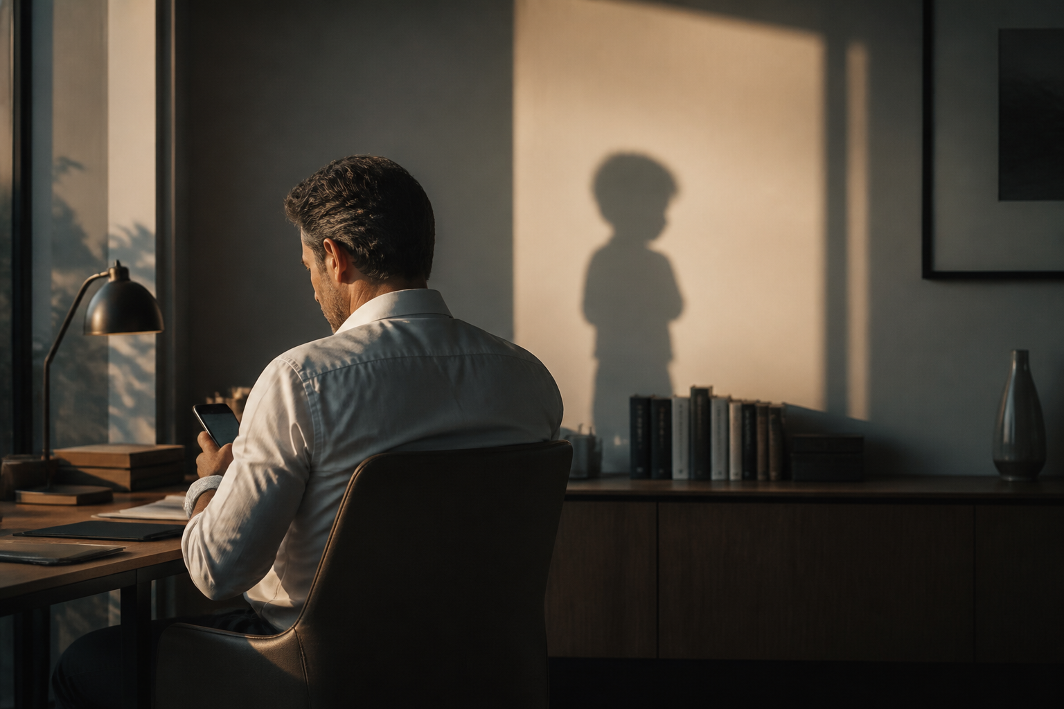 Man at a desk reading a message on his phone while his shadow on the wall shows a small child, showing how an emotional trigger is the body reacting to an old memory