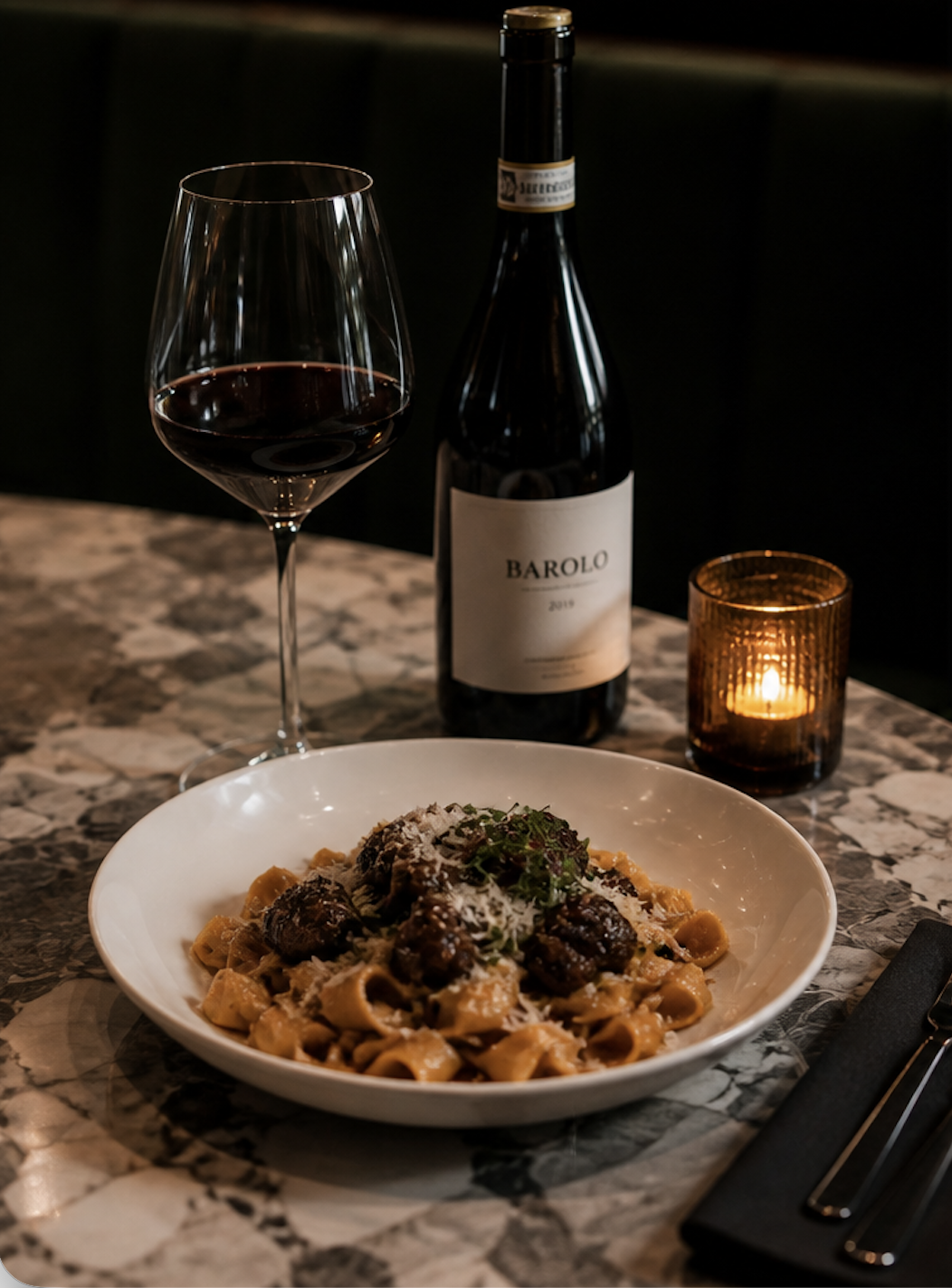 A plate of pasta with meatballs, grated cheese, and herbs, alongside a glass of red wine, a bottle of Barolo wine, and a lit candle on a marble table.