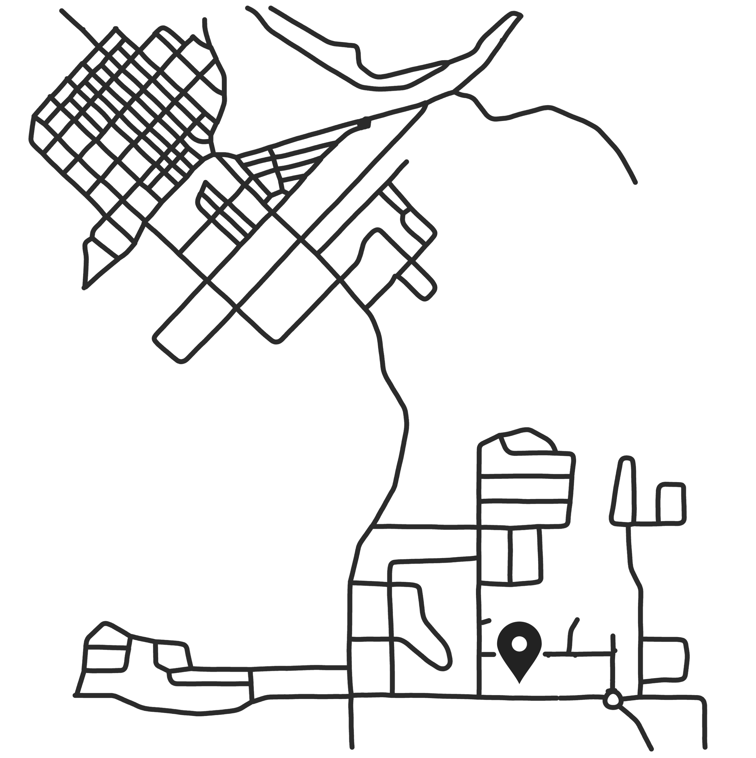 A digital map showing a city layout with streets and highways on a black background.