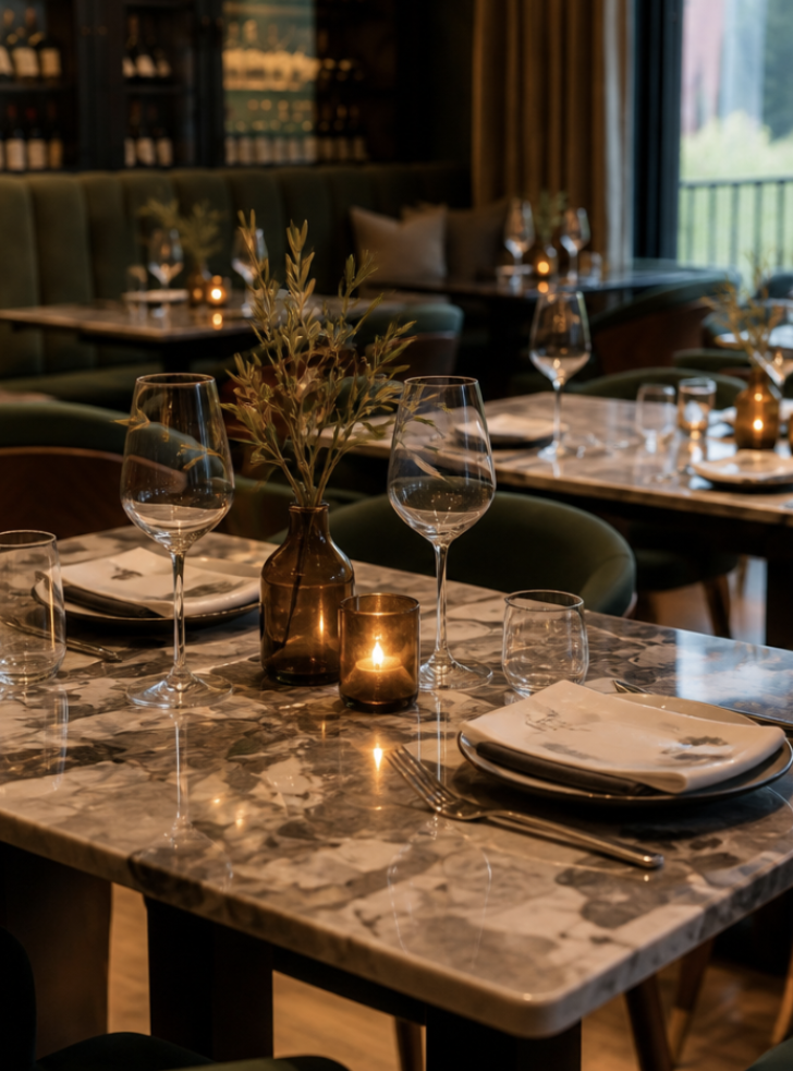 Elegant restaurant table set with wine glasses, napkins, silverware, a candle, and a decorative vase with greenery, in a warmly lit dining area.