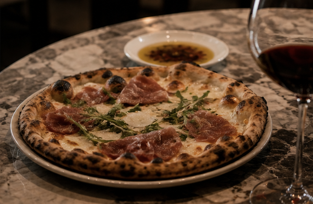Pizza with prosciutto and arugula on a marble table, alongside a glass of red wine and a small dish of olive oil and herbs.