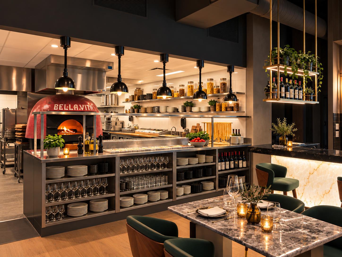 Interior view of a modern restaurant kitchen and dining area with a pizza oven, shelves of dishes and ingredients, a marble table set with wine glasses and candles, and green chairs.