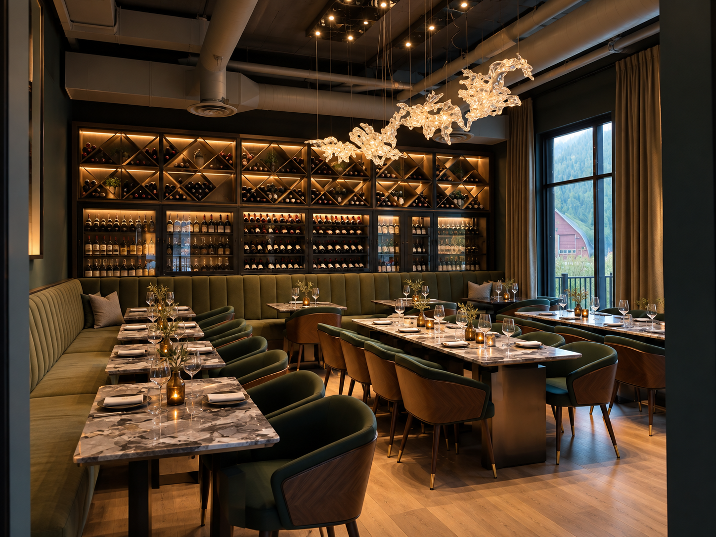 Elegant restaurant interior with green upholstered chairs and marble-topped tables set with wine glasses, silverware, and small vases with flowers. Floor-to-ceiling windows with beige curtains provide natural light, and a wall-mounted wine rack with bottles adds a sophisticated ambiance.