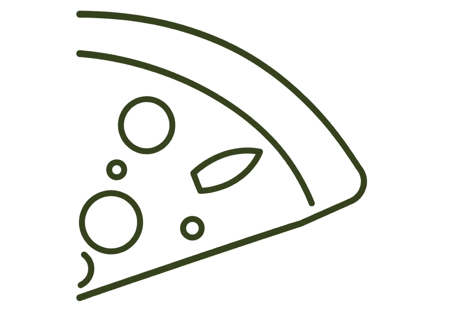 Simple line drawing of a slice of pizza with bubbles, a leaf, and small toppings, on a black background.