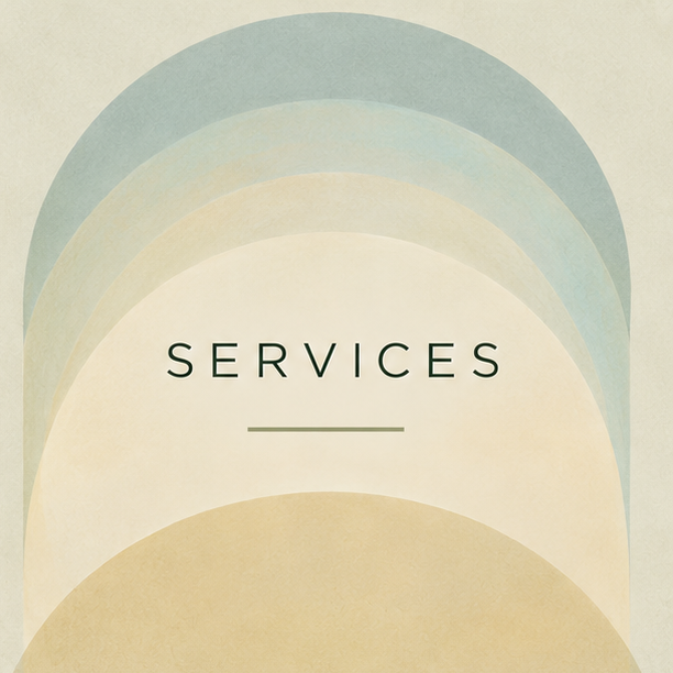 Abstract background with overlapping pastel-colored semi-circles and the word 'SERVICES' in the center.