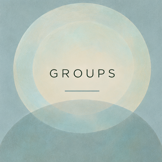 Graphic design with overlapping circles in pastel shades, with the word 'GROUPS' centered.