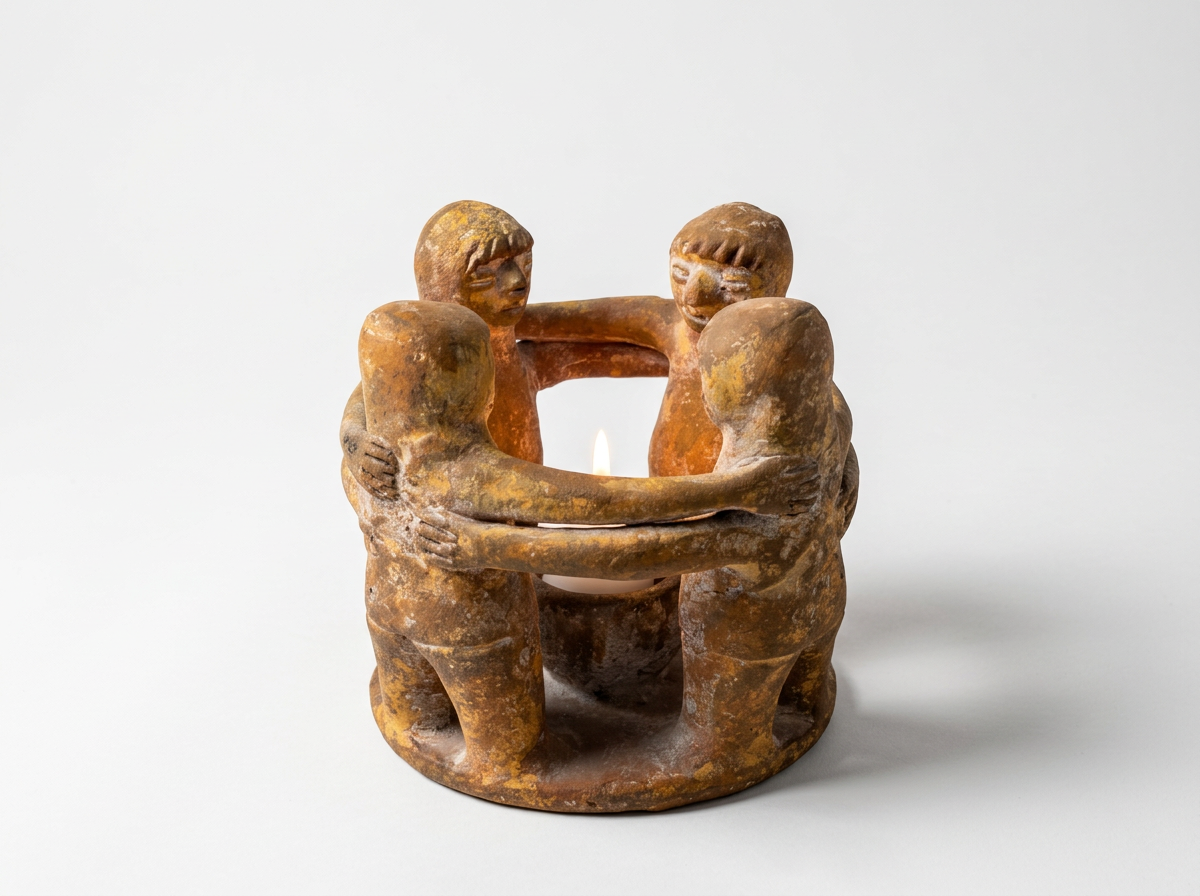 A sculpture of four people with arms around each other, forming a circle around a lit candle, made of weathered material.