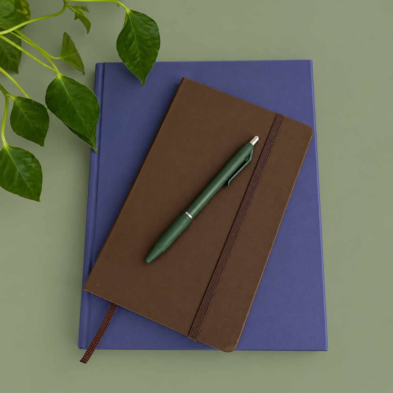 A green pen resting on a brown notebook, which is placed on top of a larger blue notebook, with green leaves from a plant in the upper left corner.