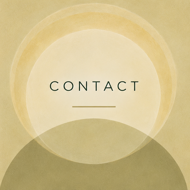Stylized graphic with the word 'CONTACT' in the center, surrounded by overlapping circles in warm earth tones.