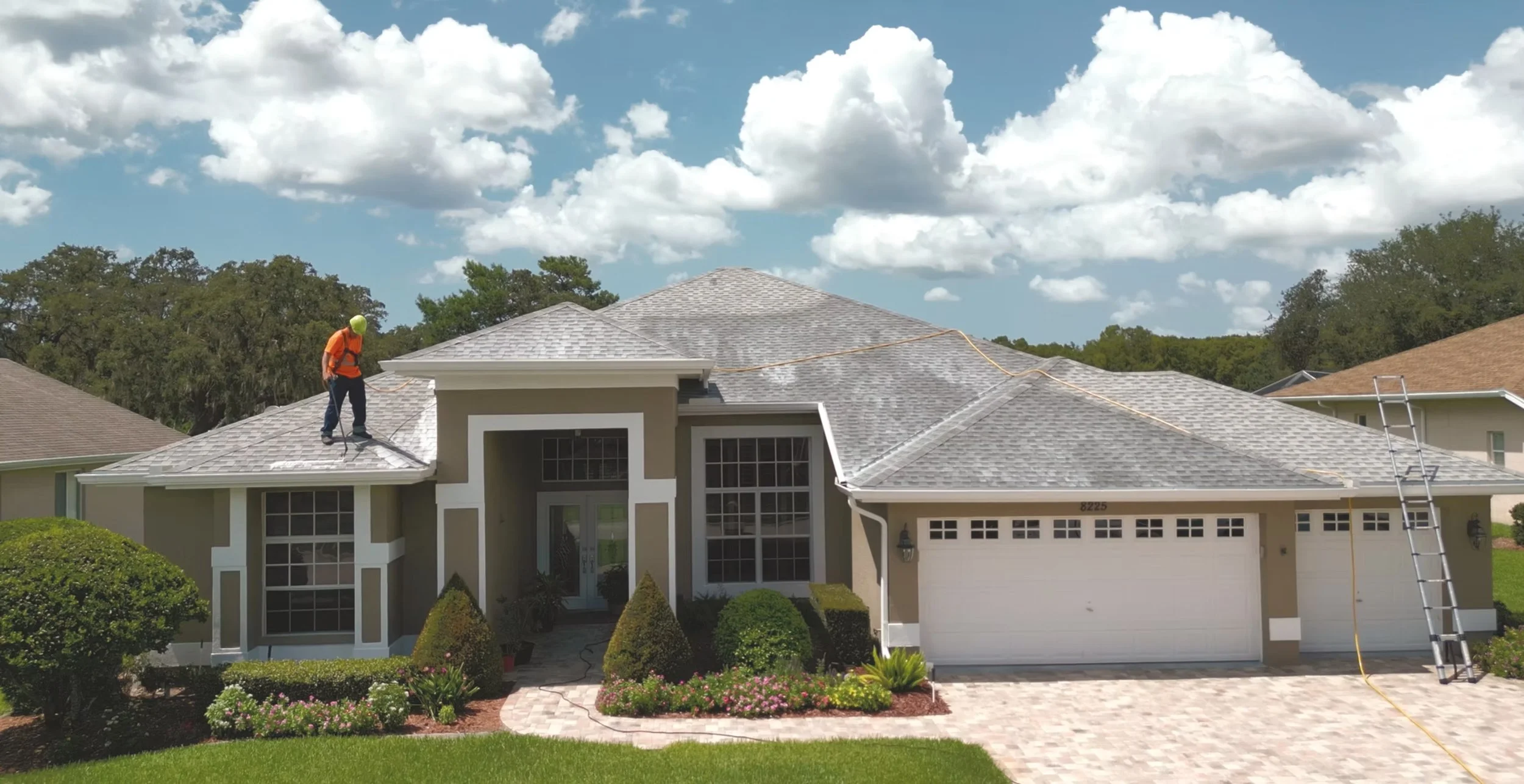 A worker in an orange shirt and yellow helmet stands on the roof of a two-story house, inspecting or repairing the roof. The house has a landscaped front yard with bushes and flowers, and a ladder leaning against the side of the house. The sky is par