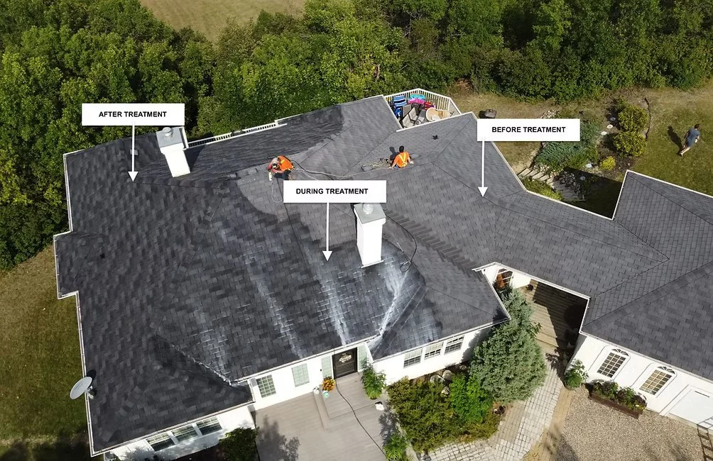 Aerial view of a house roof showing the different stages of cleaning and treatment. Labels indicate the areas before, during, and after treatment, with workers on the roof applying cleaning or treatment products.