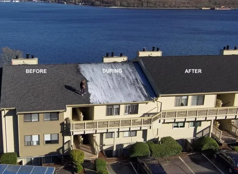 Side-by-side comparison of a building's roof before, during, and after roof repair, with the black new roof section in the middle and a person working on it.