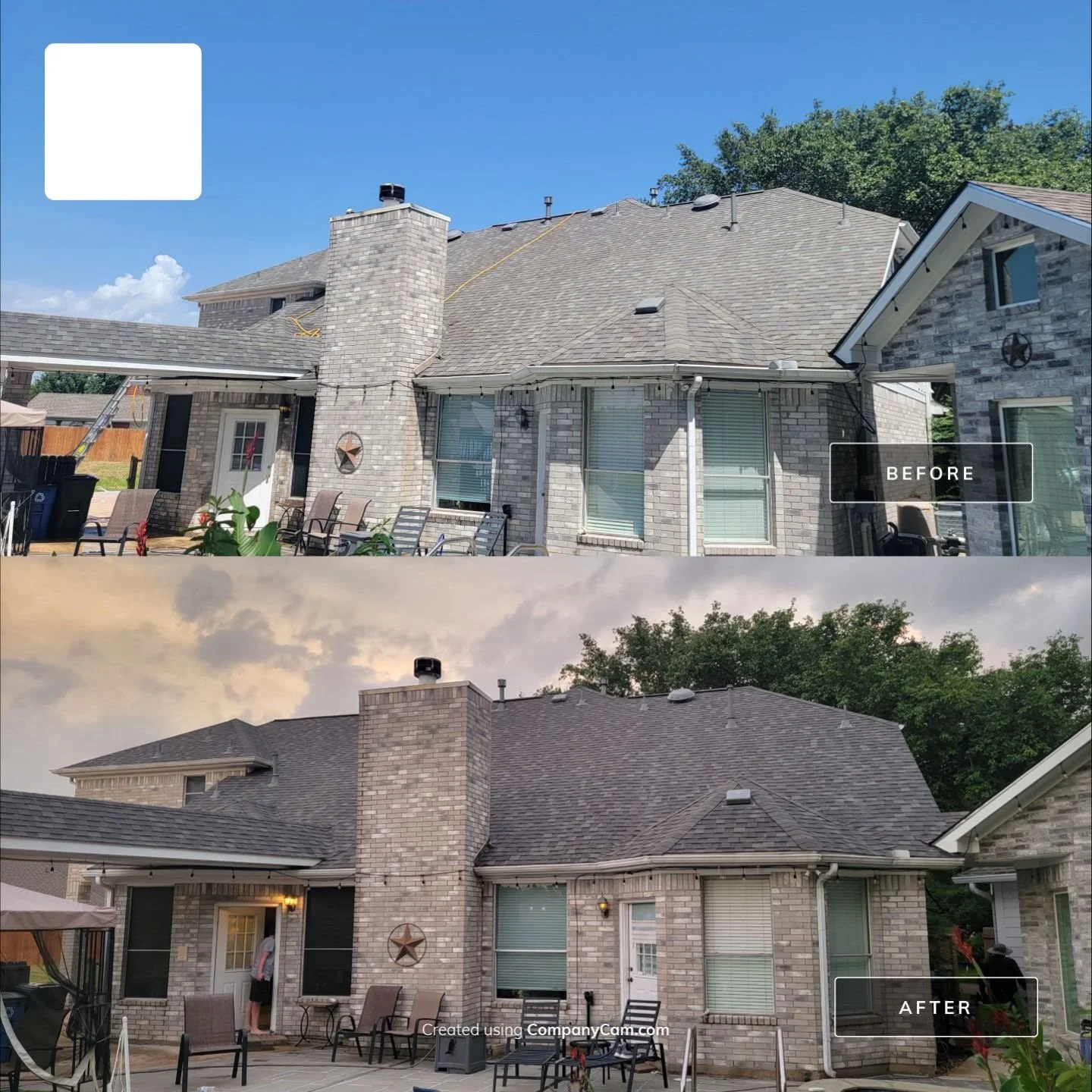 Comparison of house exterior before and after renovation, showing cleaner and darker roofing and brickwork in the after photo, evening setting with darker sky and clouds.