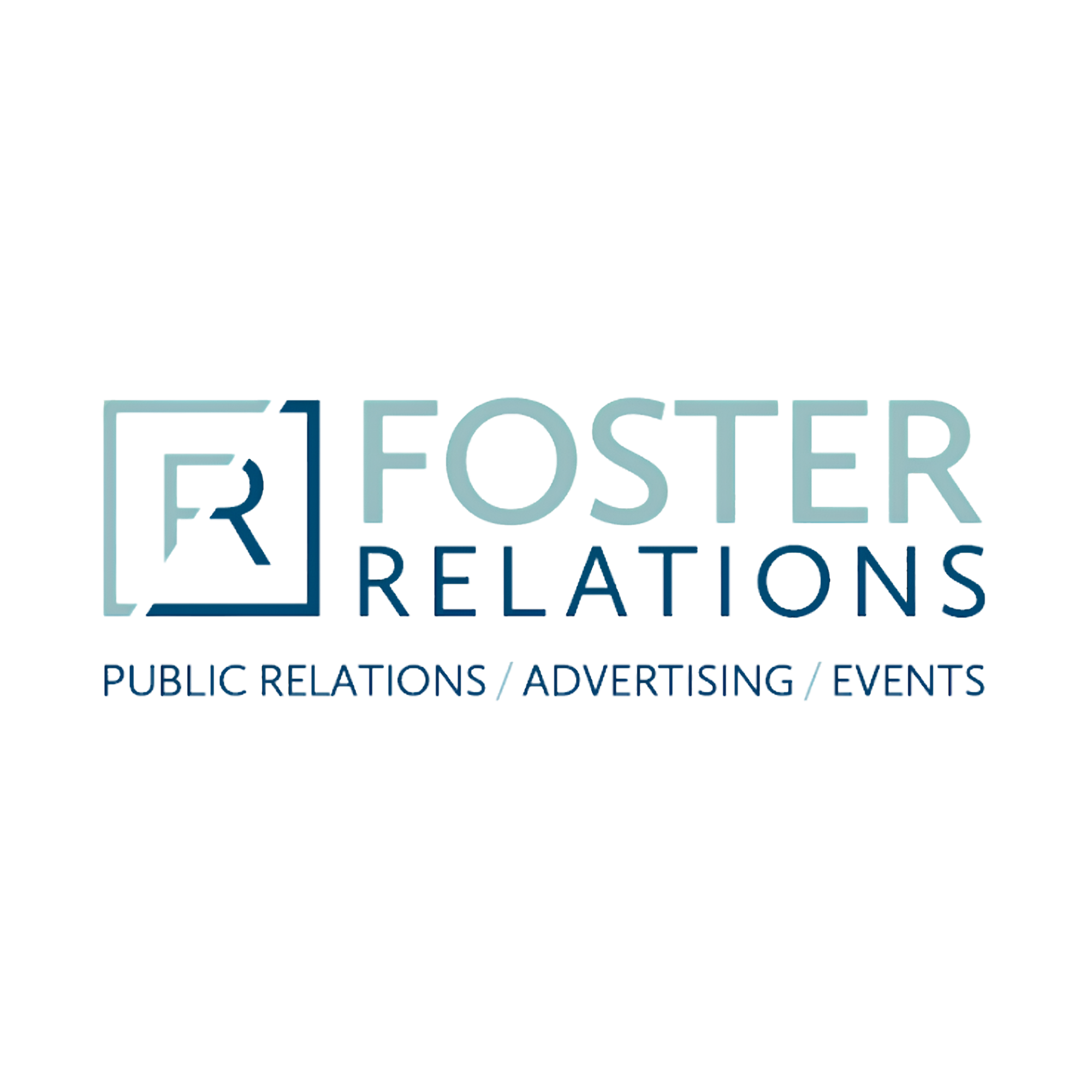 Logo for Foster Relations with a black silhouette of a city skyline above the words 'Foster Relations' in light blue, and additional text indicating focus on public relations, advertising, and events.