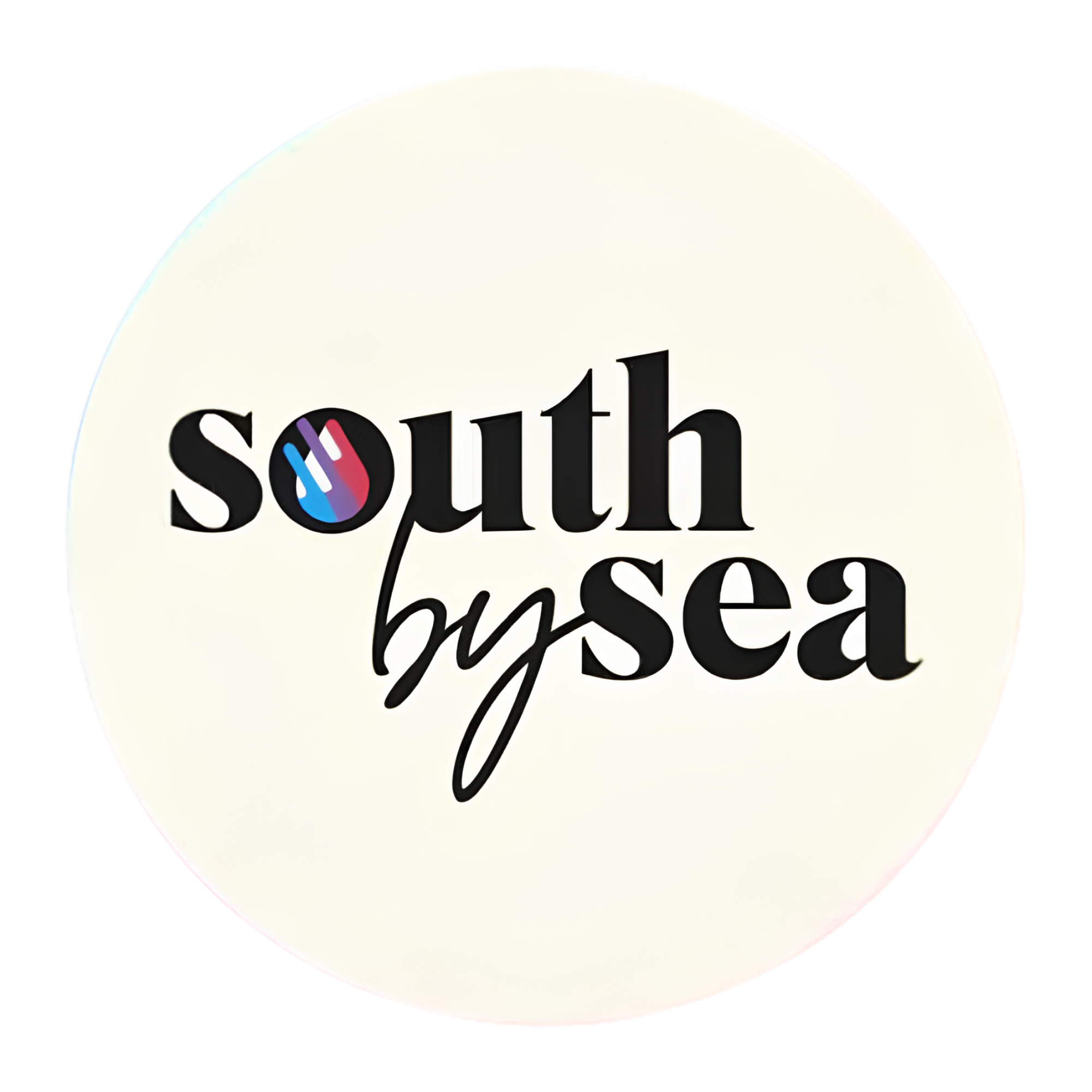 Close-up of a clock face with partially visible black numbers and a logo with red, blue, and purple colors, and text that reads 'south' and 'based'.