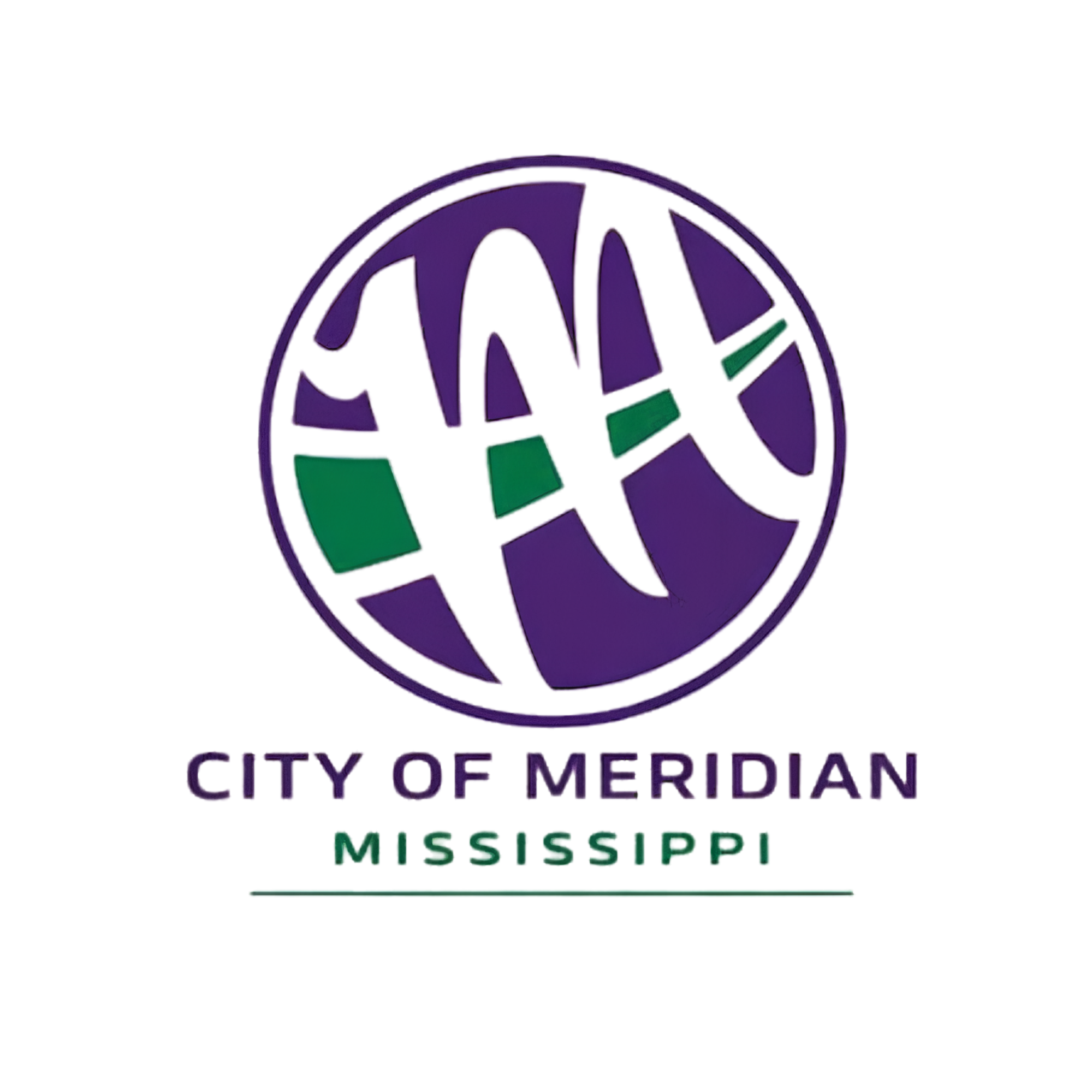 Colorful neon sign with a globe logo and the text 'City of Meridian Mississippi' in bright purple and green colors.
